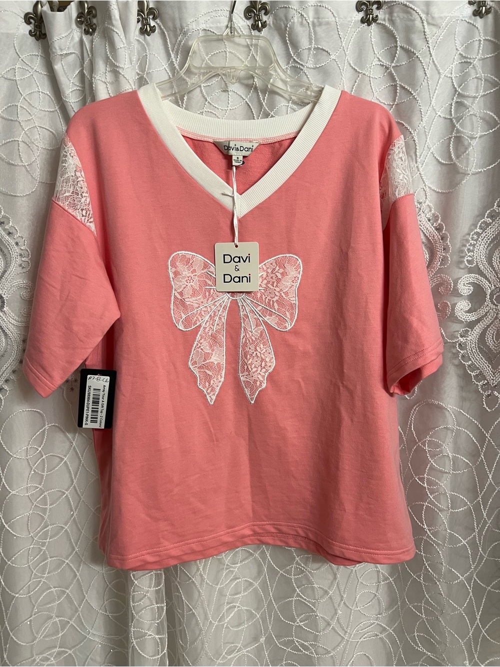 DAVI & DANI Coral Pink Short-Sleeve Tee with White Lace Bow